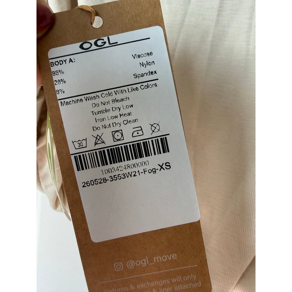 NWT OGL CoolTouch Boatneck Gathered Hem Cropped Bubble Top Fog Cream Tan XS $60 - Picture 7 of 8